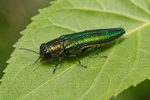 Emerald ash borer beetle on green leaf close up showing metallic green body
